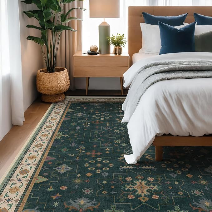 Dark Green Vintage 7x10 Washable Rugs - Image 7
