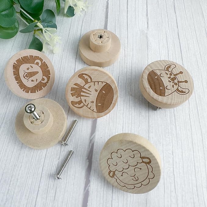 6PCS Round Engraved Animal Flat Wood Knob,Jungle Themed Kids Baby Girls Boy Room Furniture Dresser Knobs,Nursery Lion Nature Wooden Drawer Pull