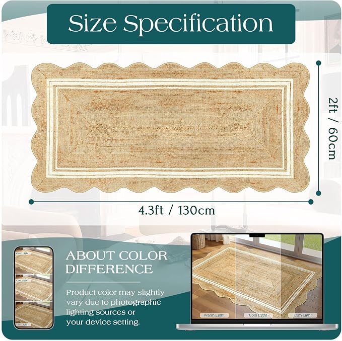 Front Door Mat - 2x4.3 Neutral Farmhouse Scalloped Small Runner Rug | Washable - Image 2