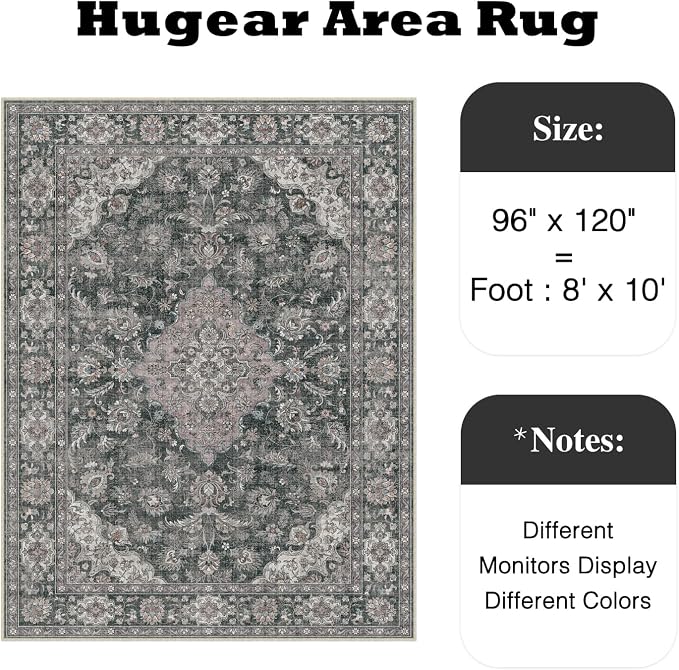 8x10 Black Grey Retro Floral Washable Area Rug - Image 2