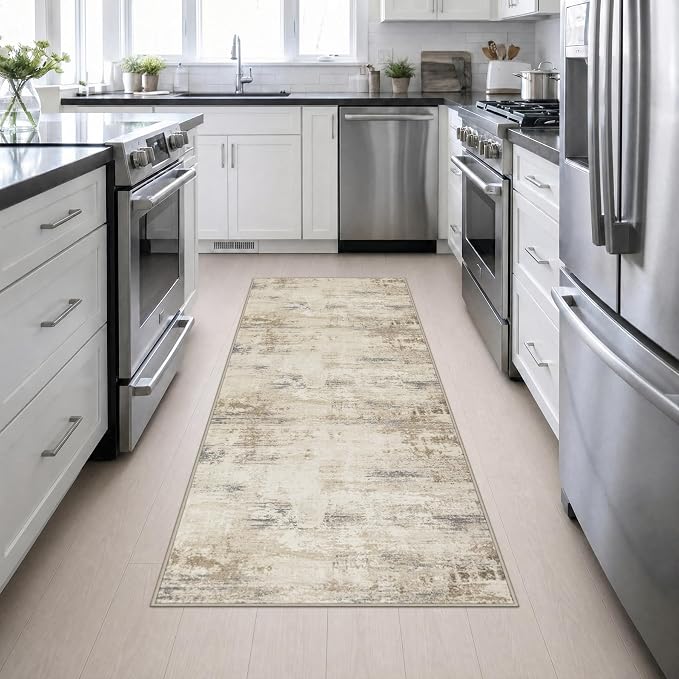 3x8 Washable Runner Rug：Modern Abstract Soft Carpet Beige Brown | - Image 5