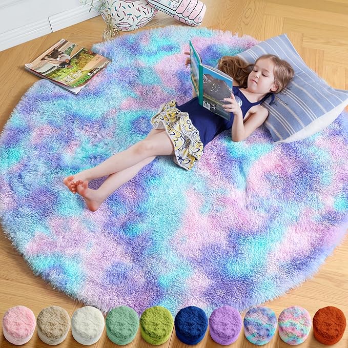 Amdrebio Purple Rainbow Mermaid Small Circle Rug 3Ft by Amdrebio