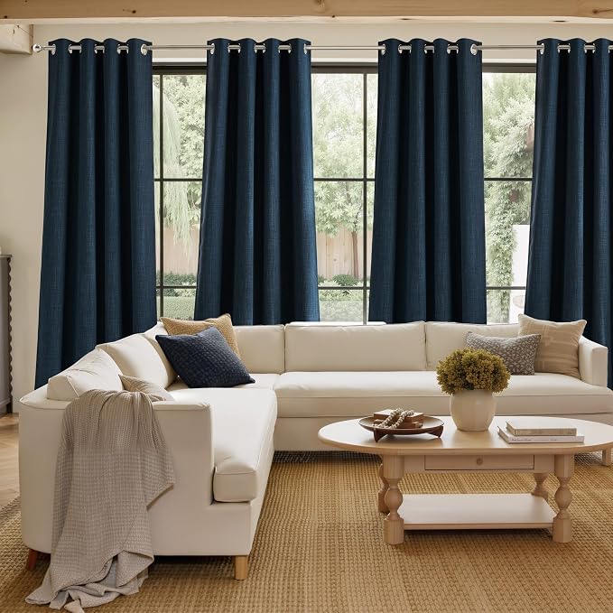 NICETOWN Navy Blue Faux Linen Room Darkening Rod Pocket Curtains 63 inch Length - Image 4