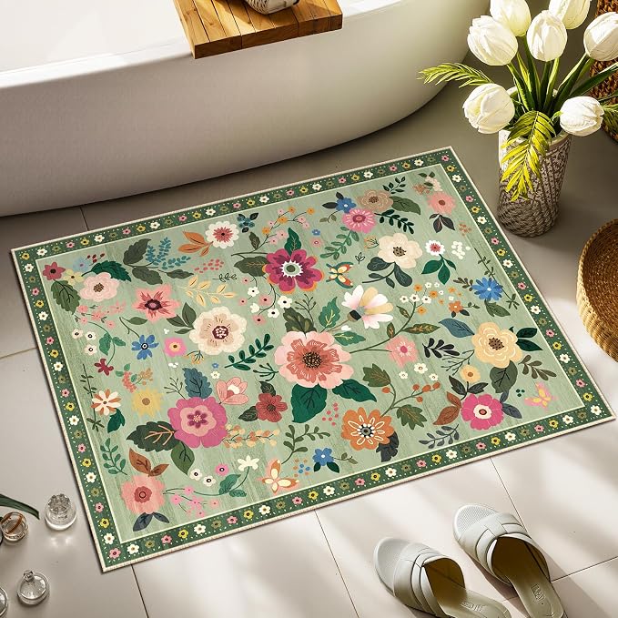 RELEANY Floral Washable 2x3 Area Rugs Doormat LightGreen | Flower Carpet Print - Image 3