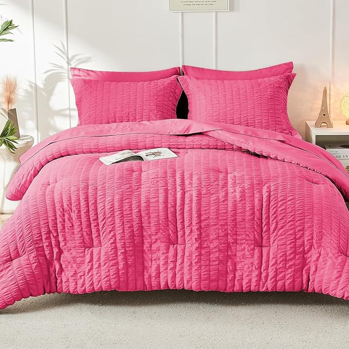 HYMOKEGE Hot Pink King Size Comforter Set Seersucker 7 Pieces, All Season Luxury Bed in a Bag for Bedroom, Bedding Set with Comforter, Sheets, Pillowcases & Shams