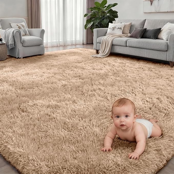 Area Rug Living Room Bedroom: 4x6 Fluffy Plush Shag Carpet Beige | - Image 2