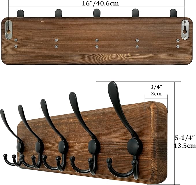 WEBI Rustic Coat Rack Wall Mount,Solid Wood Coat Hooks Wall Mounted Coat Hanger,16" Hole to Hole,Hook Rack Rail,5 Triple Hooks for Hanging Coats,Jacket,Clothes,Brown