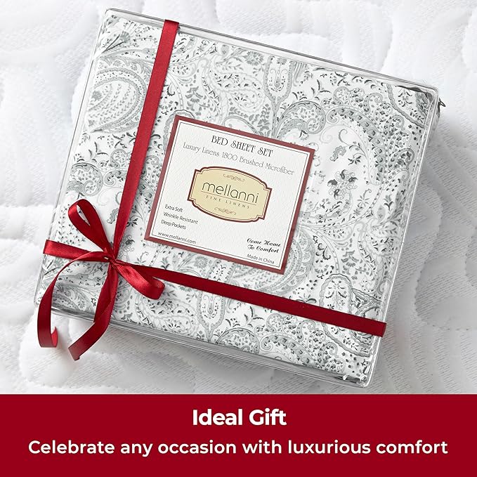 Mellanni Twin XL Sheets Set - 3 PC Iconic Collection Bedding - Hotel Luxury, Extra Soft, Cooling Bed Sheets - Wrinkle, Fade, Stain Resistant (Twin Extra Long, Paisley Gray)