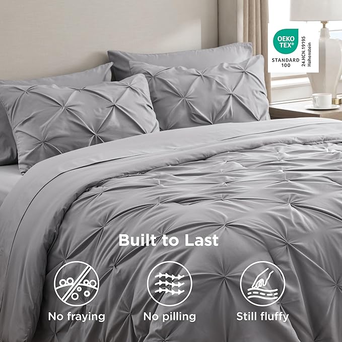 Bedsure Queen Comforter Set Grey - Bed in a Bag Queen Size Bedding 7 Pieces, GentleSoft™ Pintuck Bed Set Gift for Family, Pinch Pleat All Season Comforter with Sheets, Pillowcases & Shams