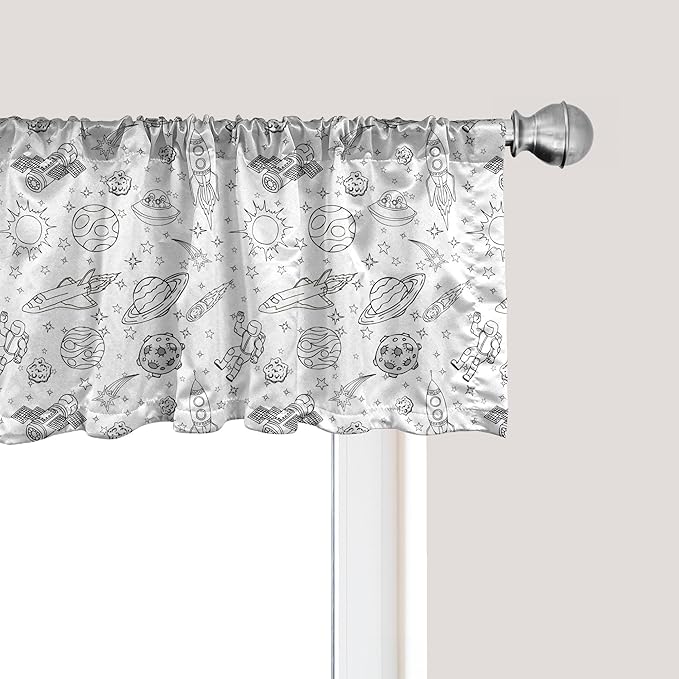 Ambesonne Cartoon Window Valance, Doodle Solar System Astronauts Space Crafts Shooting Stars Science Fiction Theme, Curtain Valance for Kitchen Bedroom Decor with Rod Pocket, 54" X 18", White Black