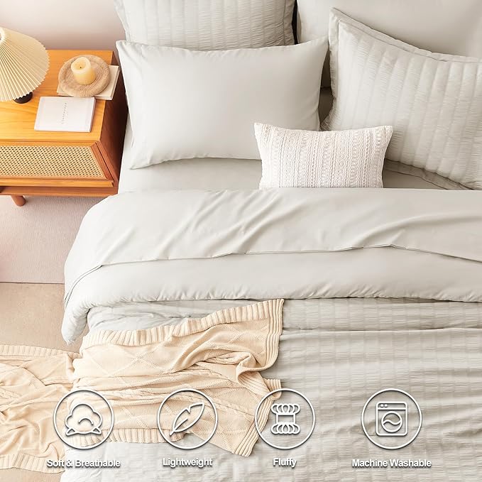 CozyLux Oversized Queen Comforter Set Beige Seersucker 7 Pieces 98x98 Bed in a Bag Comforter Set with Sheets, Luxury Soft Bedding Sets with Down Alternative Comforter, Sheets, Pillowcases & Shams