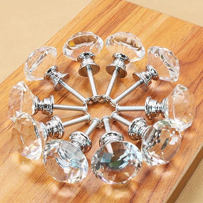 10 Pcs White Clear Crystal Glass Cabinet Knobs 30mm Diamond Shape Drawer Kitchen Cabinets Dresser Cupboard Wardrobe Pulls Handles