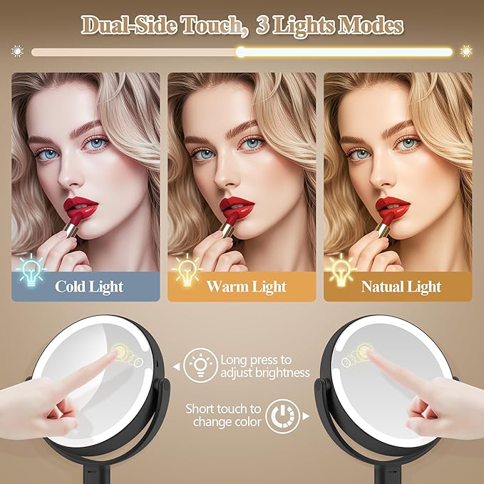 Makeup Mirror with Lights, Double Sided 1x/30x Magnifying Mirror with Light, Rechargeable 3 Color Lights and Adjustable Brightness, 360° Rotation Detachable Comes with Tweezer(Black)