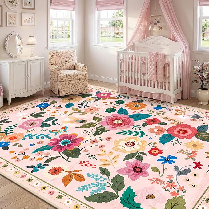 RELEANY Floral Washable 9x12 Area Rugs Pink | Flower Carpet Print Boho Cute Non - Image 2