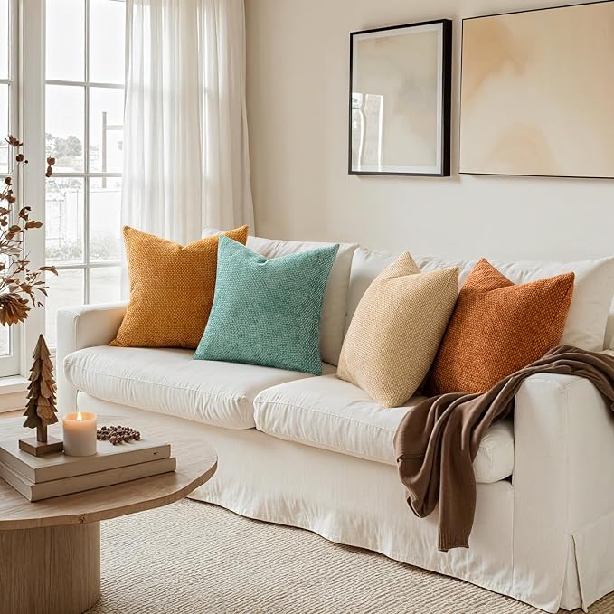 MIULEE Soft Decorative Chenille Fall Pillow Covers Beige Orange Teal 20x20 | - Image 5