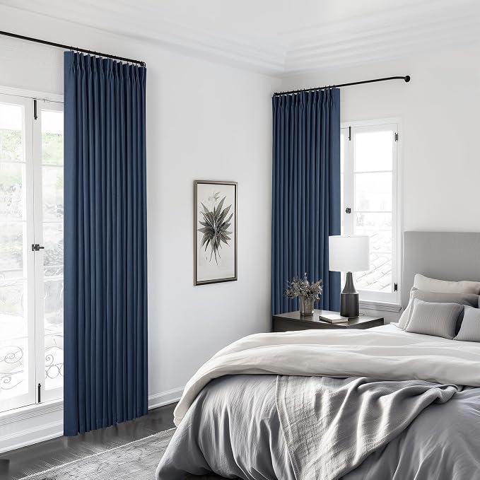 Navy Blue Pleated Linen Blackout 102 Inch Curtains - Image 8