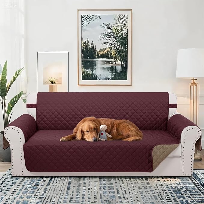 Reversible Couch Cover for 3 Cushion, Burgundy/Camel | Couch Cover for Sofa - Image 2