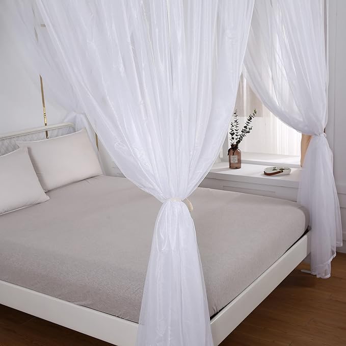 Akiky Princess Canopy Bed Curtains Set Sheer Curtain for Twin Full Queen Size Bed Drapes,8 Panels Canopies with Light,Room Décor(Twin, White)