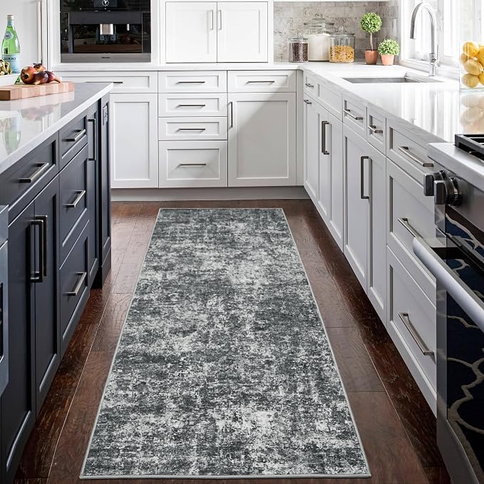 Aelenmu Runner Rugs for Hallways Kitchen 2.6x8 Non Slip Washable Black Grey | - Image 3