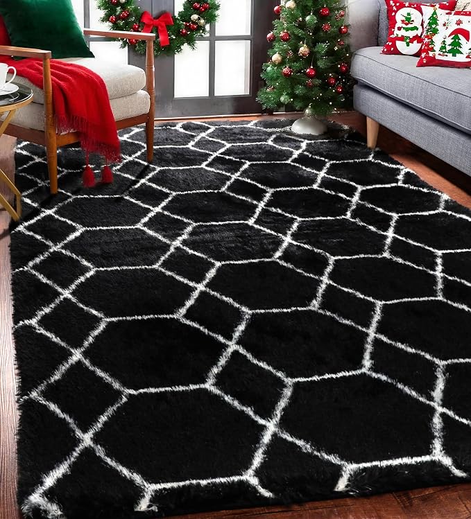 5x7 Area Rugs for Living Room Bedroom, Fluffy Black and White Geometric Rug | - Image 7