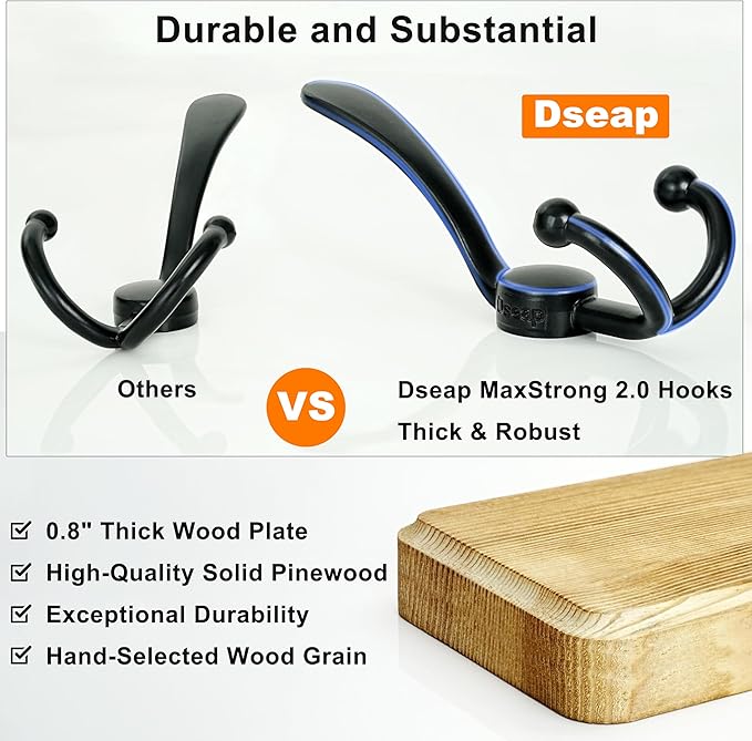 Dseap Coat Rack Wall Mount - Heavy-Duty Robust Barnwood-Style Wooden Wall Coat Hanger Hook Rail with 5 Triple Hooks for Winter Coats Hat Jacket Clothing, Weathered Green & Black, Pack of 2