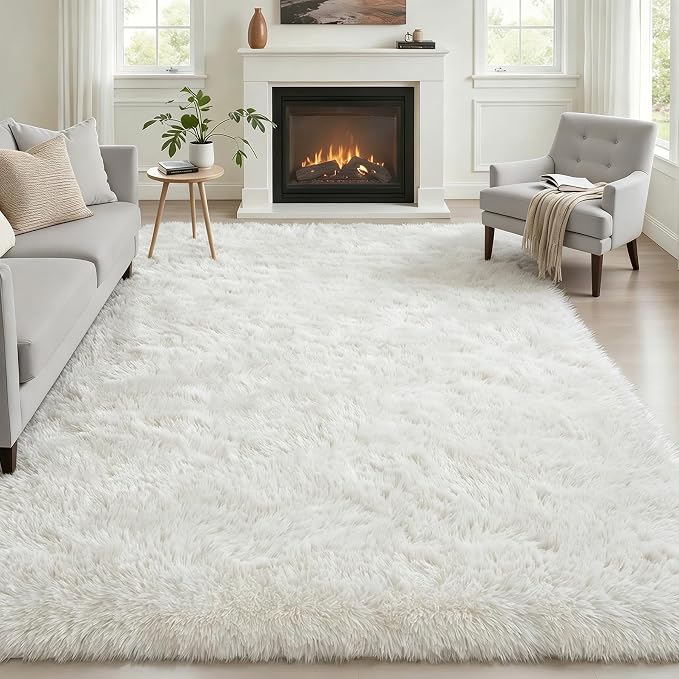 Area Rug Living Room Bedroom: 6x9 Fluffy Plush Shag Carpet Ivory | by Luxturiy