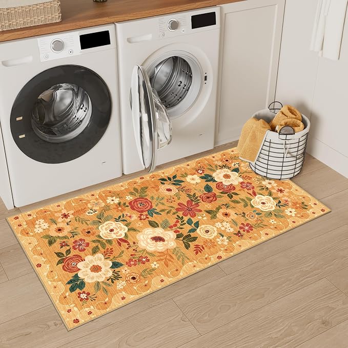 DUKINO 2x4 Entryway Rug, Floral Washable Kitchen Rugs Non Slip, Soft Indoor - Image 4
