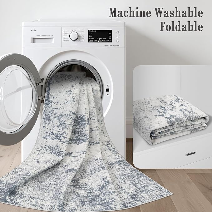 2.6x14 Washable Runner Rug:Modern Abstract Soft Carpet Blue Grey | - Image 6