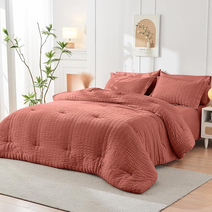 HYMOKEGE Coral Twin XL Comforter Set Seersucker 5 Pieces, All Season Luxury Bed in a Bag for Bedroom, Bedding Set with Comforter, Sheets, Pillowcase & Sham