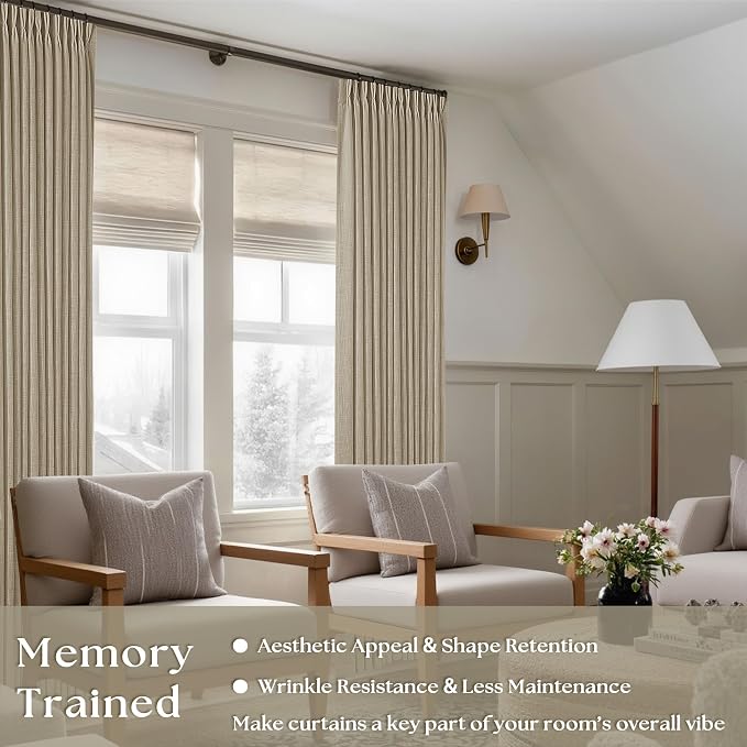 Grey Beige Pinch Pleated Semi Sheer Linen Curtains 92 Inches Long 2 Panel | - Image 2