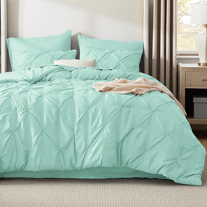 Bedsure Full Comforter Set Mint Green - Bed in a Bag Full Size Bedding Set 7 Pieces, GentleSoft™ Pintuck Bed Set Gift for Family, Pinch Pleat All Season Comforter with Sheets, Pillowcases & Shams