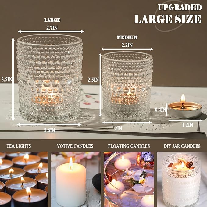 6 Pack Large Votive Candle Holders 2.7 * 3.5in, Clear DIY Wax Tea Light Candle Holder for Votives, Tealights & Pillar, Glass Candle Holders for Table Centerpiece Wedding
