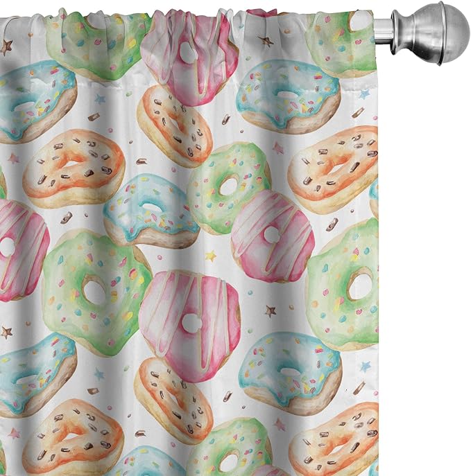 Ambesonne Watercolor Window Curtains, Delicious Donuts Pattern Various Flavors Sprinkles Stars Background, Lightweight Decor 2-Panel Set with Rod Pocket, Pair of - 28" x 95", Pale Fern