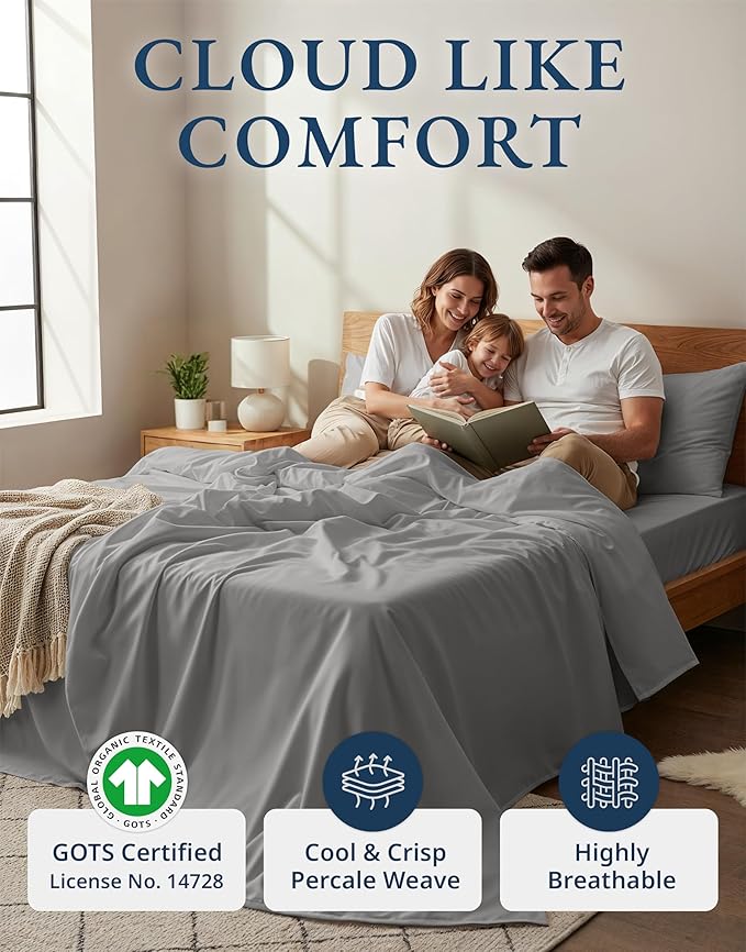 LANE LINEN 100% Organic Cotton King Sheet Set, 4Pc Cotton Sheets King Size, Soft & Comfy Percale Eco Friendly Sustainably Produced Bedding Sheets & Pillowcases, 15" Deep Pocket King Sheet Set - Silver