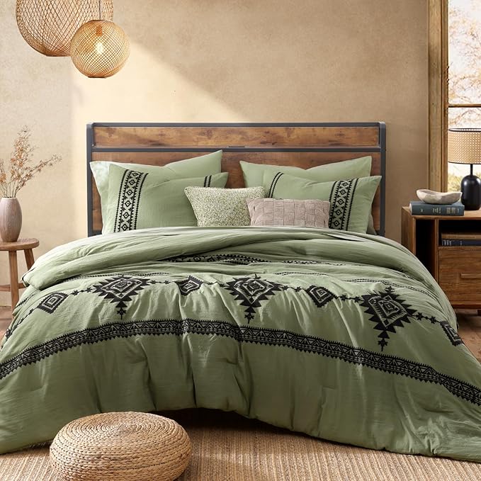 MaiRêve Embroidery King Size Comforter Set Light Olive Green, Farmhouse Western Boho Bedding Set 7 Pieces, All Season Bed in A Bag Comforter Set with Sheets, Pillowcases & Shams