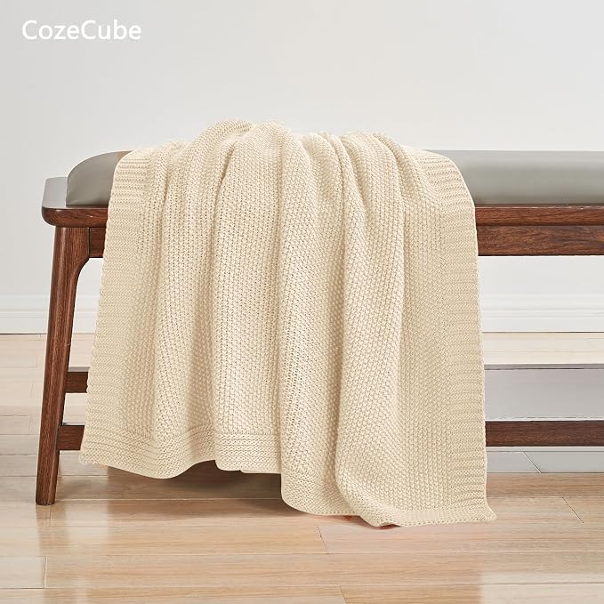 CozeCube Light Beige Seed Stitch Throw Blanket 60"x80", Farmhouse Decor | - Image 3