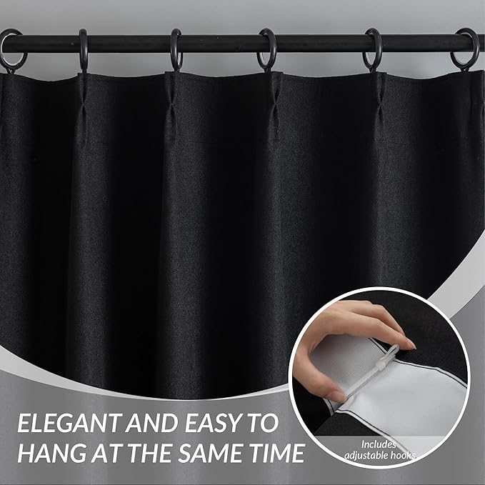KangBang Black Pinch Pleated Curtains Blackout 90 Inches Long for Bedroom, Linen Textured Pinch Pleat Drapes for Living Room Nursery, Soundproof Privacy Assured Home Decor(2 Panels, Black,40x90)