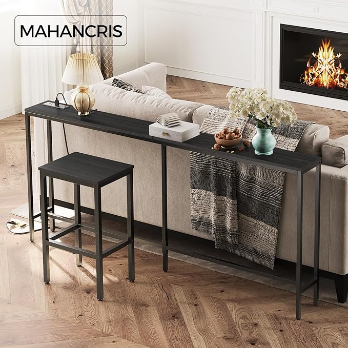 70.9'' Console Table with Power Outlet, Narrow Sofa Table, Industrial Entryway Table with USB Ports, Behind Couch for Entryway, Hallway, Foyer, Living Room, Black CTHB18E01