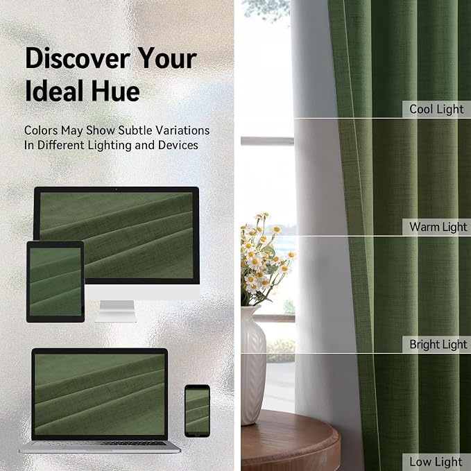 100% Blackout Linen Textured Curtains 96 Inch Long, Olive Green | 100% Blackout - Image 7