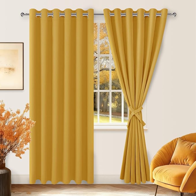 Blackout Curtains for Bedroom, 70 x 84 Inch Mustard Yellow 2 Panels | Thermal by Hiasan