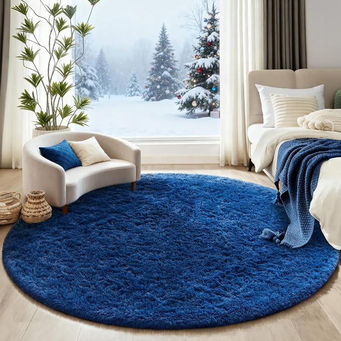 Ophanie Round Rug 6Ft Blue Circle Area Rug, Boys Room Decor, Fluffy Fuzzy - Image 5