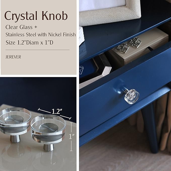 JEREVER 2 Pack Glass Crystal Knobs Brushed Nickel Drawer Pull Cabinet Handle for Dresser Kitchen (Round)