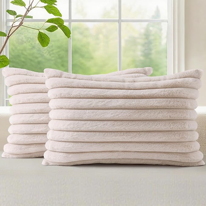 decorUhome Fall Faux Fur Throw Pillow Covers 12x20 Set of 2 Beige | Decorative by decorUhome