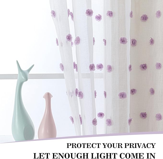 MYSKY HOME White Sheer Curtains for Bedroom 63 Inch Length Purple Pom Pom Short Curtains for Girls Room Kids Curtains Dining Room Rod Pocket Light Filtering Small Window Drapes 52 x 63 in 2 Pieces