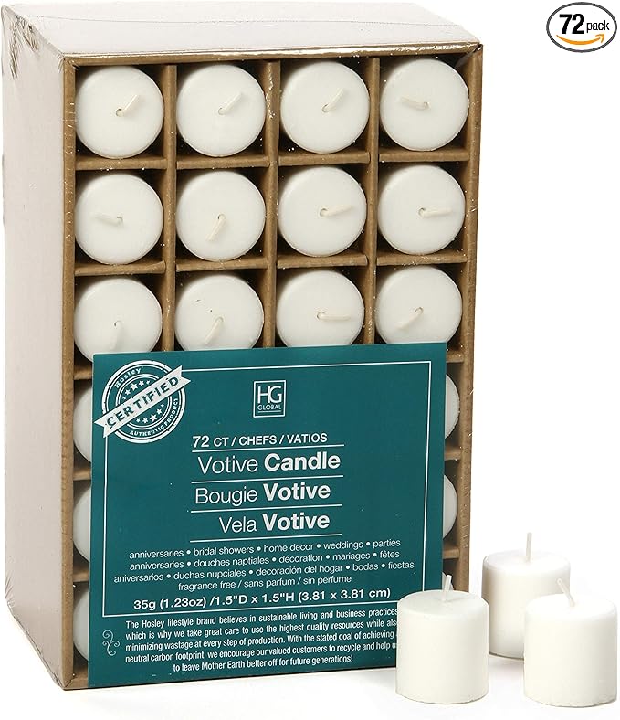 Hosley Unscented White Votive Candles, 72-Pack – Clean-Burning, Long-Lasting 10-12 Hour Burn – Ideal for Weddings, Home Décor, Spa, Events – Bulk Value for Versatile Use