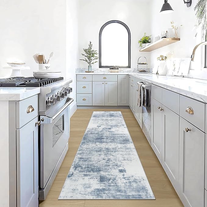 2'6''x8' Runner Rugs Washable Rug:Modern Abstract Hallway Blue White Carpet | by GENTDRIZZ