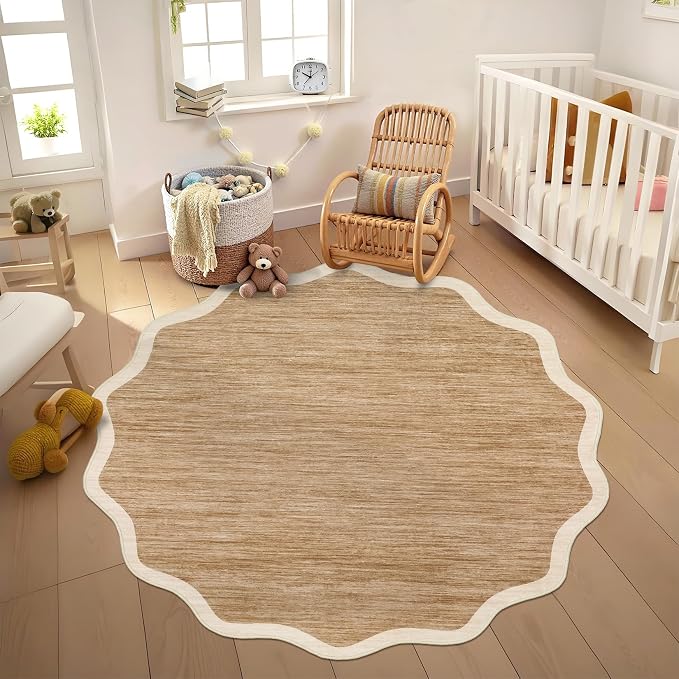 GarveeHome Scalloped Washable Round Rugs 4ft Non-Slip Soft Ultra-Thin | Small - Image 2