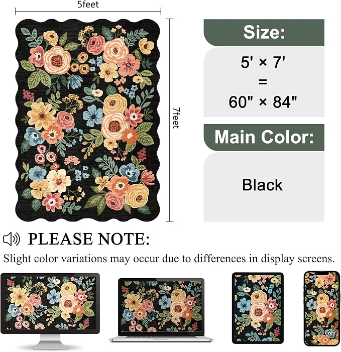 DUKINO 5x7 Area Rugs for Bedroom, Floral Washable Rug Non Slip, Stain Resistant - Image 2