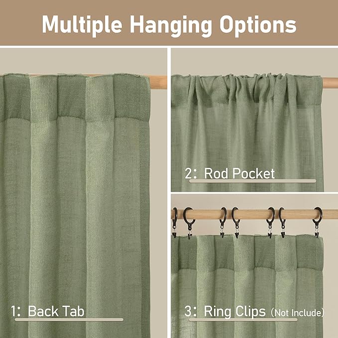 Sage Green Linen Boho Curtains for Bedroom Living Room 2 Panels | 84 inch Length - Image 2