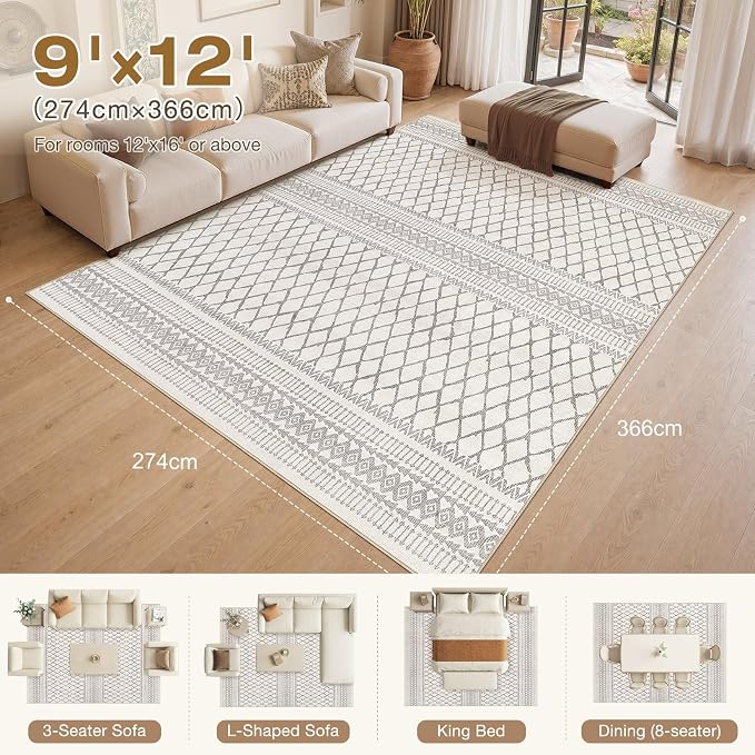cotiled Boho 9x12 Area Rug for Living Room: Large Moroccan Washable Rug | Solve - Image 7